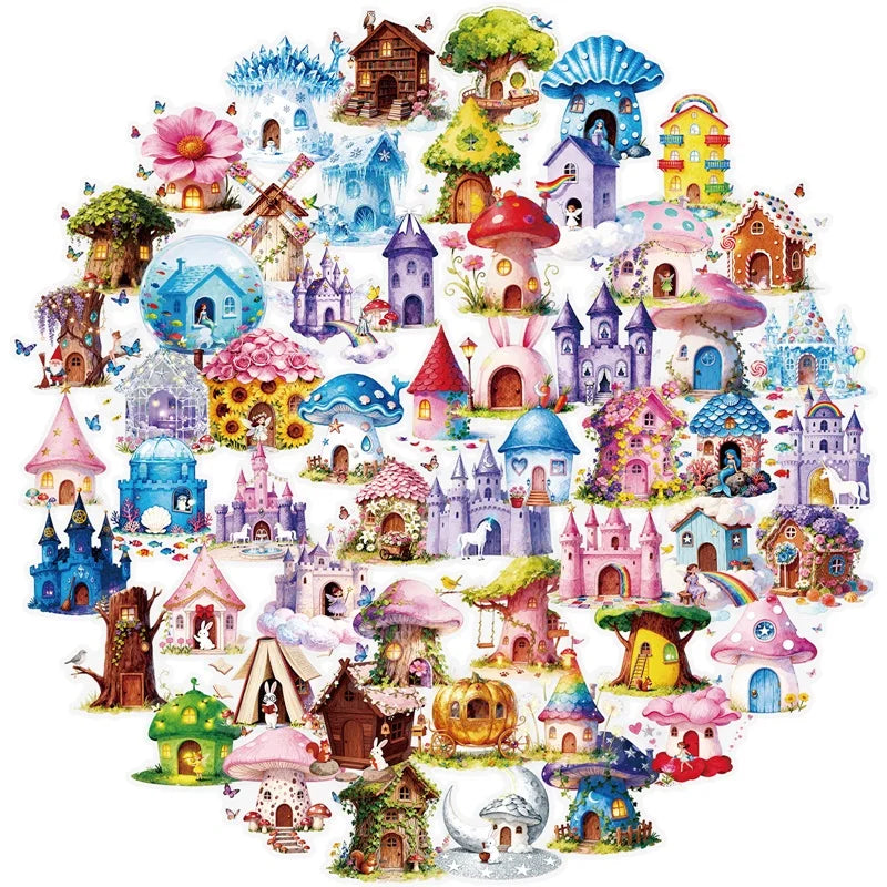 56PCS Fairy Tale Mushroom PET Sticky Sticker Aesthetic Tear Open DIY Decoration Scrapbooking Stationery Supplies for Kids