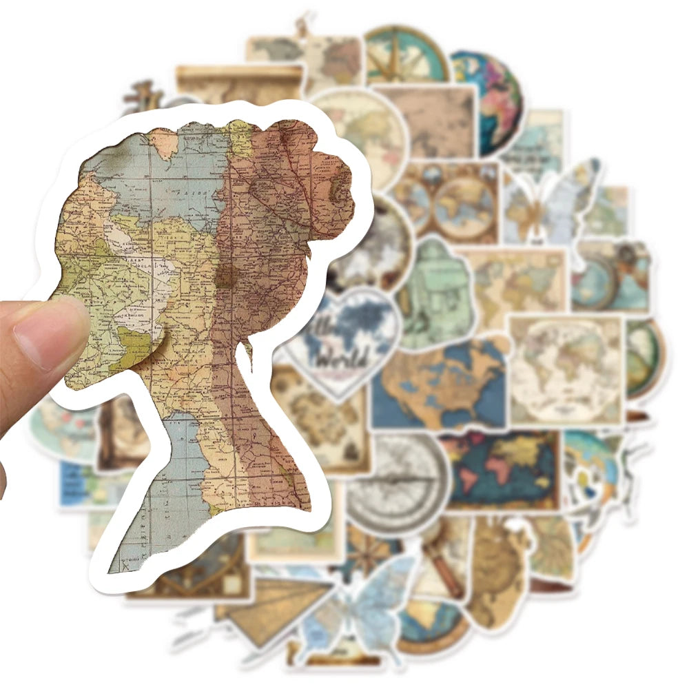 50PCS Retro Map Stickers Decorative DIY Creative Phone Cases, Laptop Cups, Speakers, Toy Stickers