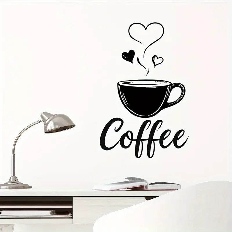 Chic Black Coffee Cup Wall Decal with Heart Accents - Contemporary Self-Adhesive, Easy-to-Apply Sticker for Kitchen, Bedroom, Li