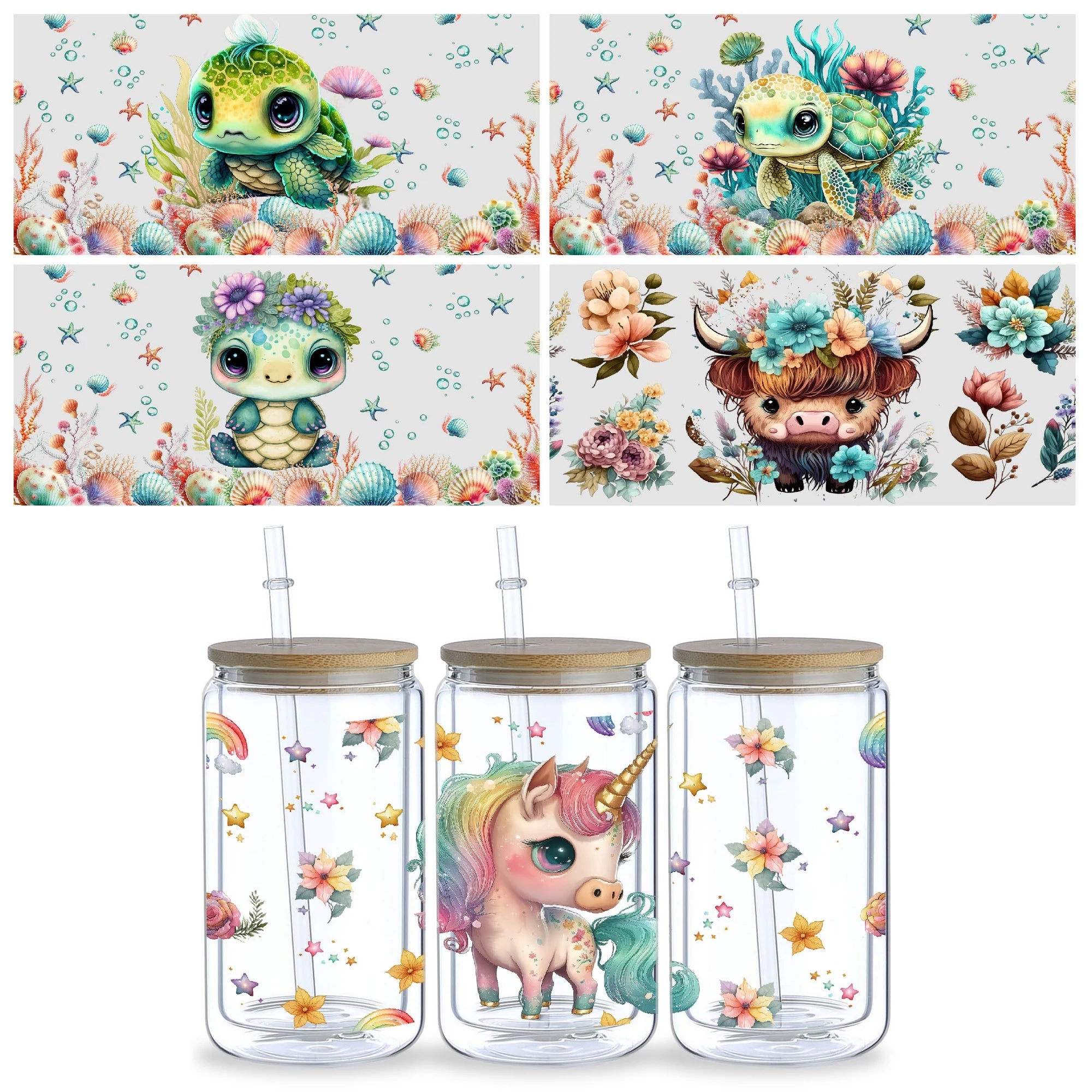 5 Sheets Animal UV DTF Cup Stickers, DTF Friction Transfer Stickers, Waterproof Transfer Stickers for 16oz Glass Cups, DIY