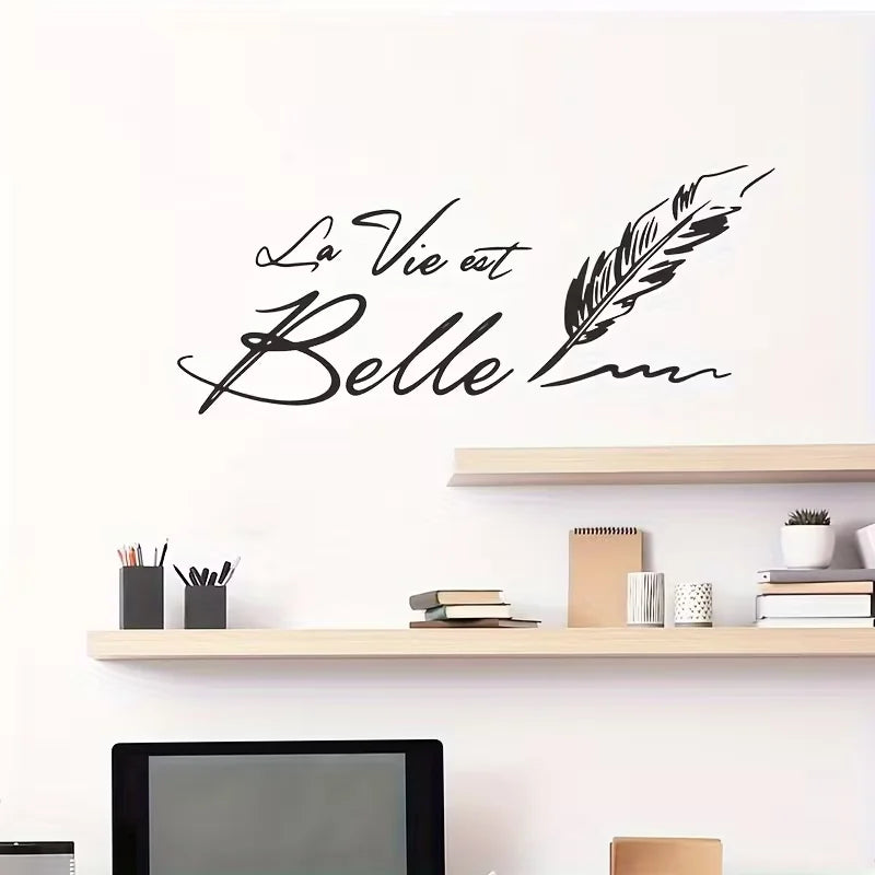 Chic Feather & English Slogan Wall Decal - Self-Adhesive, No Power Needed - Perfect for Living Room, Study, or Entryway Home Dec