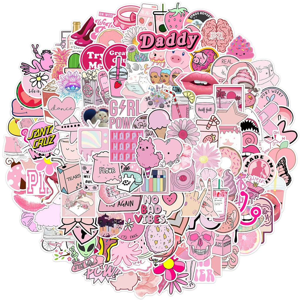 150PCS Pink Cartoon Girl Graffiti Stickers Luggage Guitar Waterproof Stationery Pen Holder Notebook Decorative Stickers