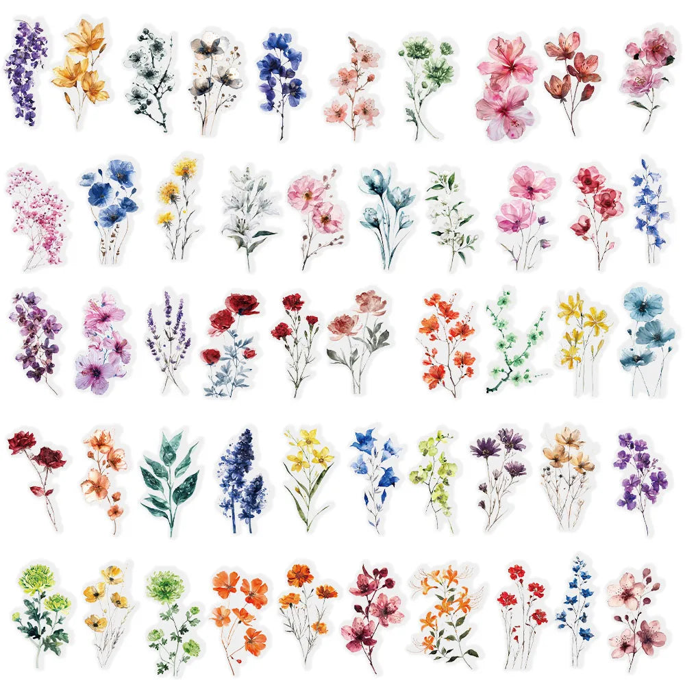 50PCS Color Ink Flower Sticker Pack Waterproof Transparent PET Brochure Flower Material Decorative Notebook Waterproof Stickers