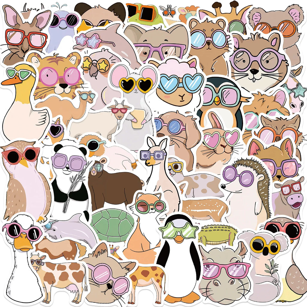 50/100PCS Cute Cartoon Glasses Wearing Animal Graffiti Stickers Decor Guitar Notebook Luggage DIY Waterproof Stationery Stickers