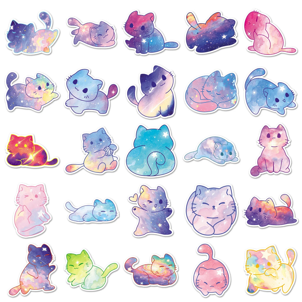 50/100PCS Starry Sky Cat Graffiti Stickers Cartoon Cute Hand drawn Decoration Water Cup Phone Stationery Notebook Reward Sticker