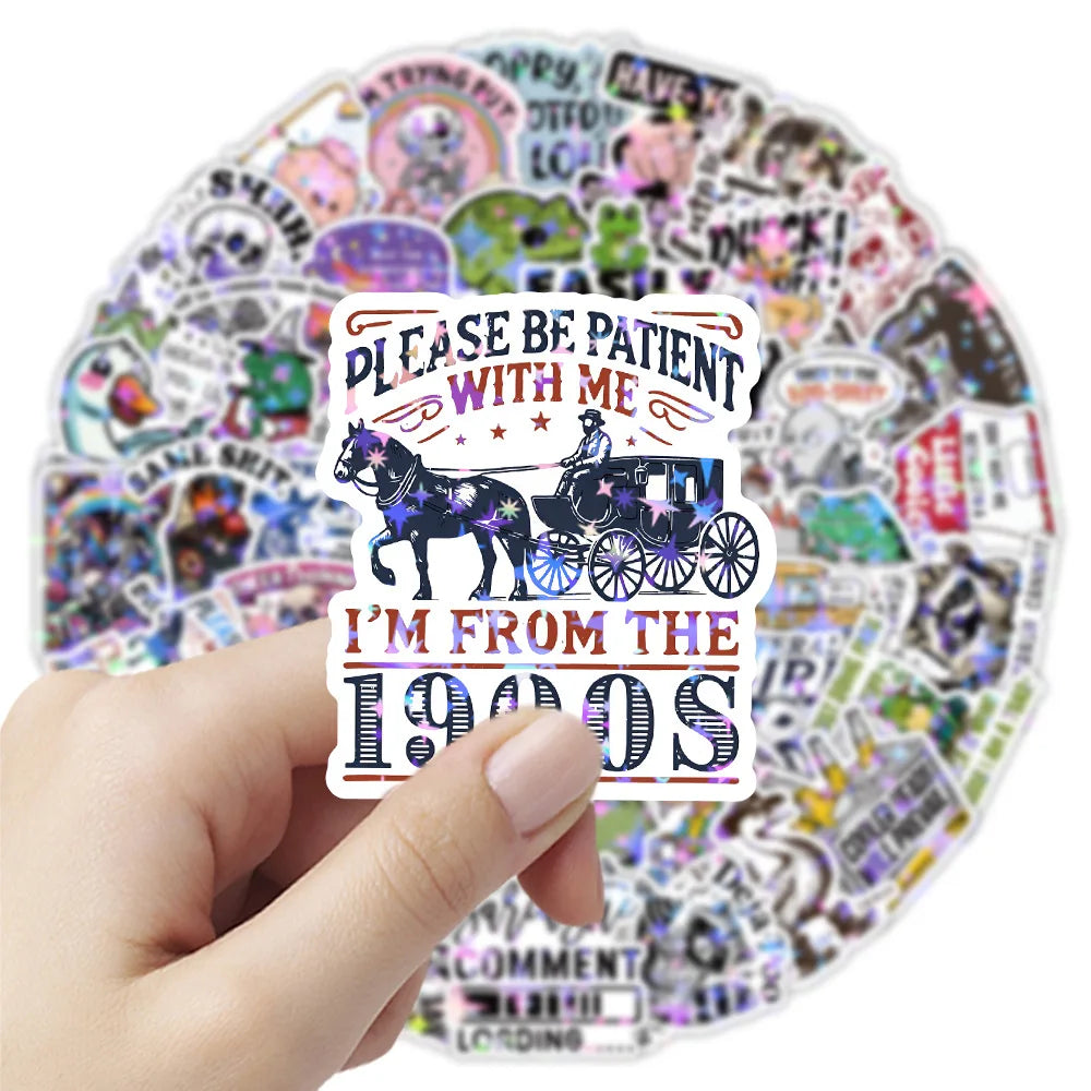 50/100PCS Cartoon Holographic Funny Animal Stickers English Satirical Quotes Graffiti Decor Waterproof Stationery Stickers