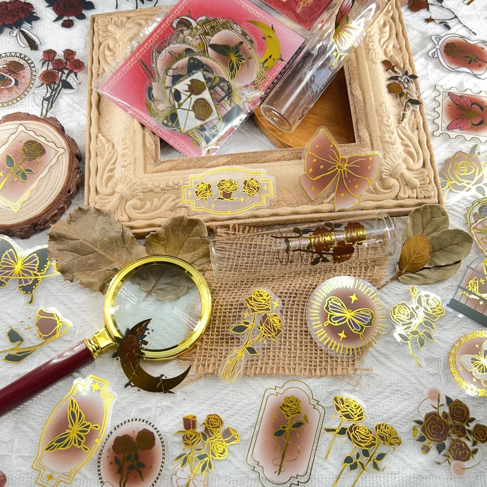 50/100 Pcs Exquisite Gold Foil Vintage Rose Note PET Clear Waterproof Stickers for Phone Cup Window Fridge Laptop Decals