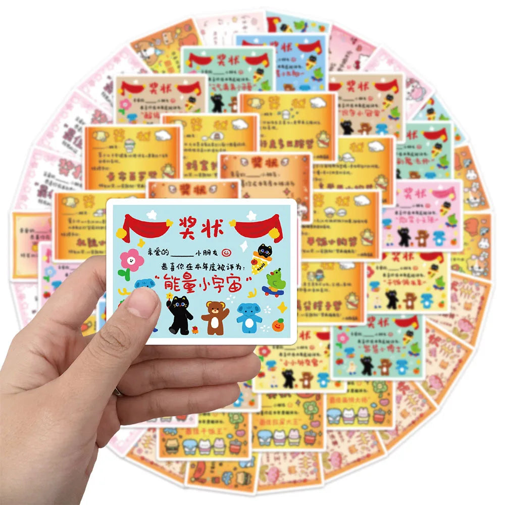 50PCS Cute Cartoon Certificate Creative Fun Stickers DIY Handmade Audio Decoration Luggage Notebook Label Reward Stickers