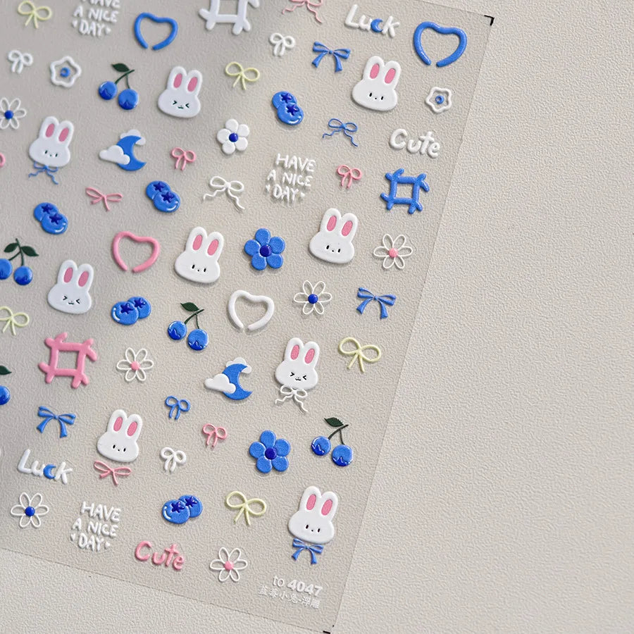 1pcs 5D Kawaii Rabbit Nail Stickers Embossed Cartoon Pink Blue Flower Adhesive Nail Art Decorations Decals Slider DIY Accessory