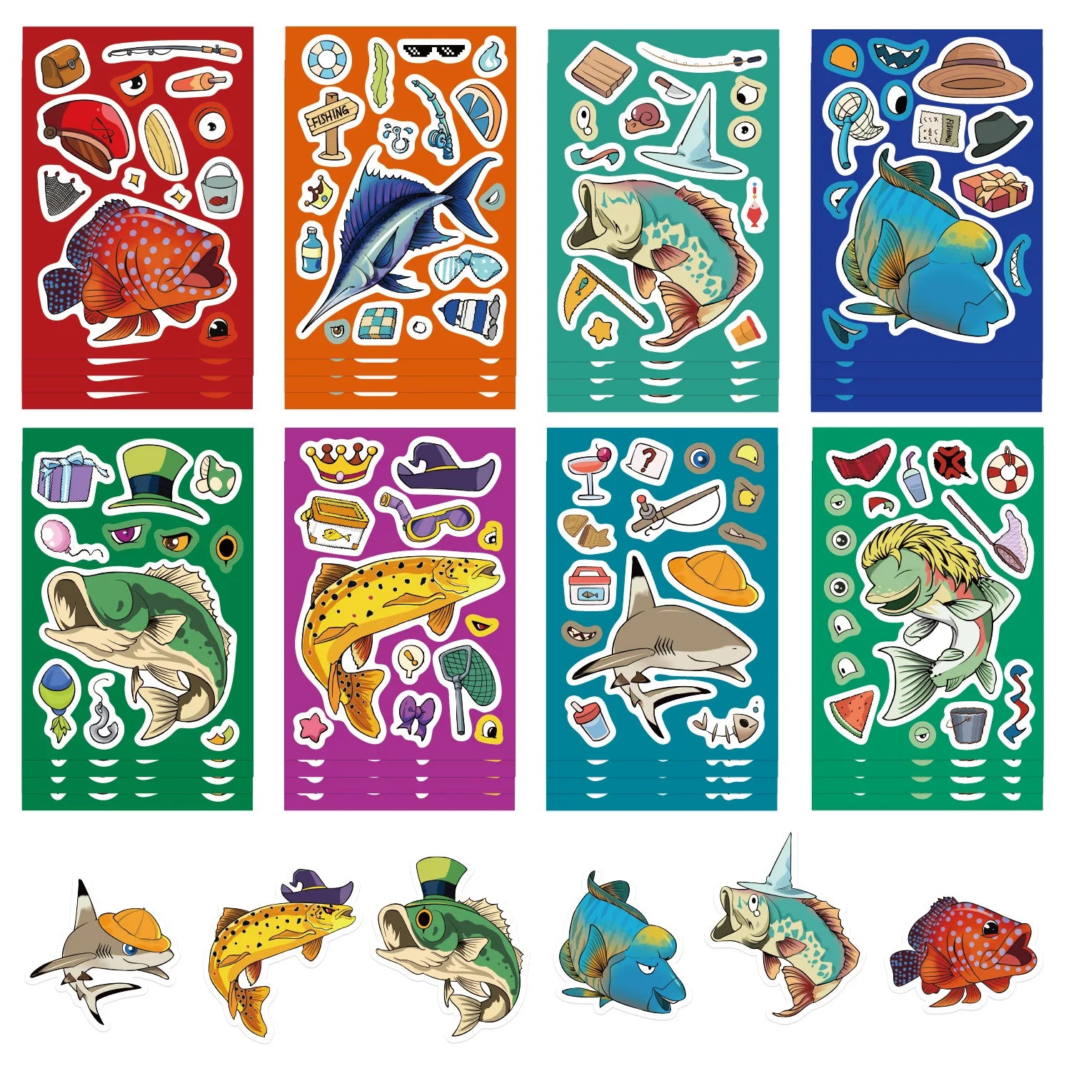 8/16/24PCS Puzzle Stickers Cartoon Fishing Make a Face Stickers DIY Handicrafts Waterproof Stationery Stickers