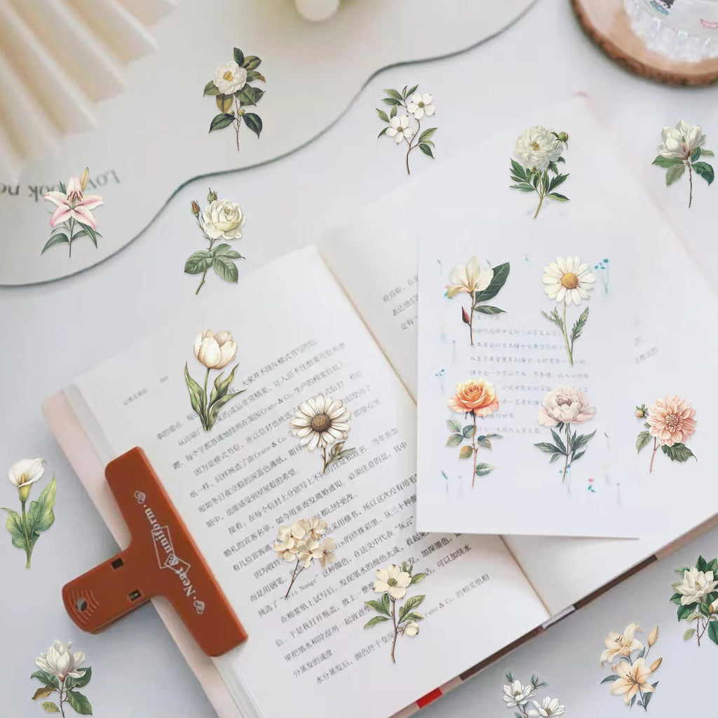 50/100PCS Transparent Retro Long Branch Flower Sticker Pack Waterproof Transparent PET Decorative Guitar Notebook Stickers