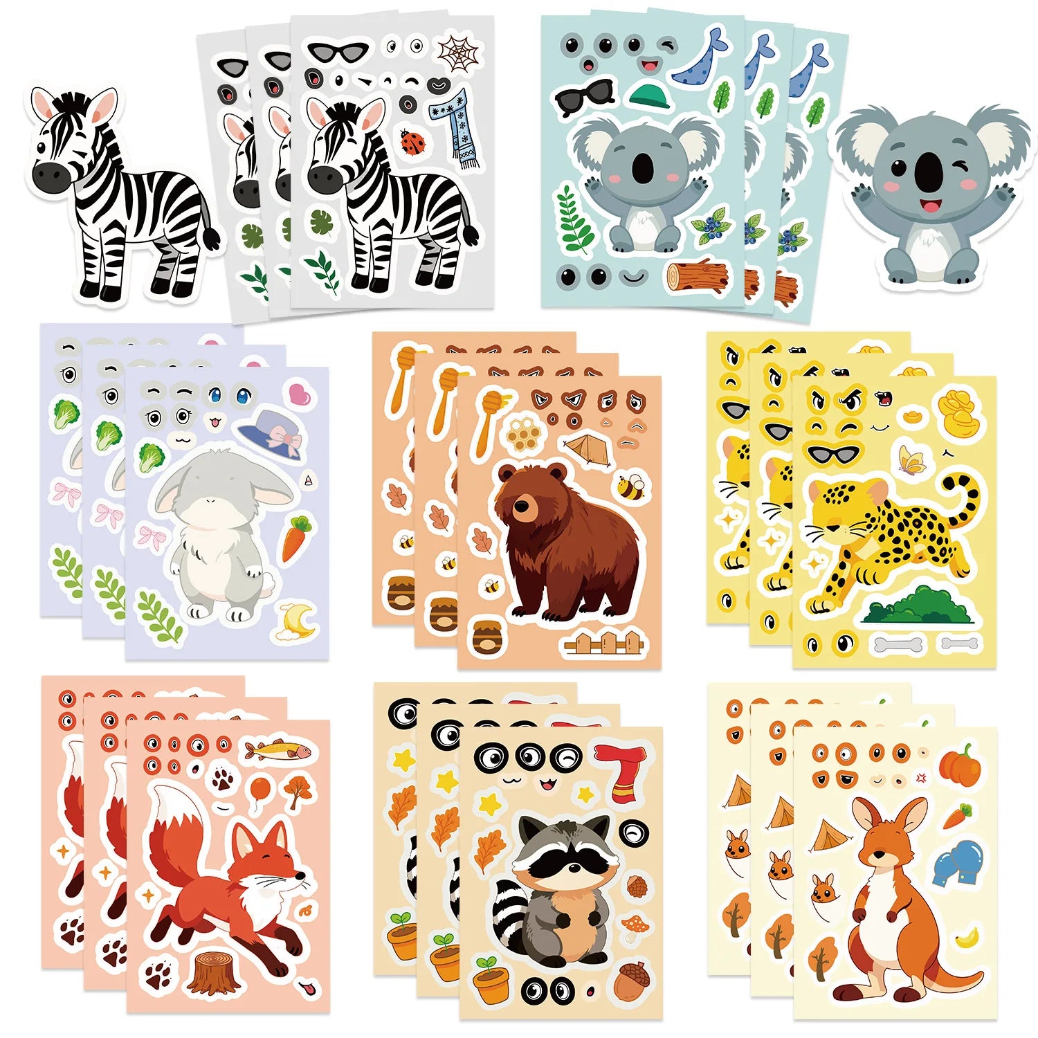 8/16/24PCS Puzzle Stickers Cartoon Animal Make a Face Stickers DIY Handicrafts Waterproof Stationery Notebook Stickers