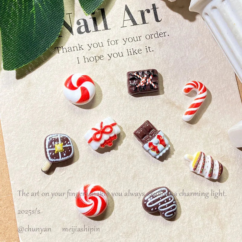 10pc Christmas Chocolate Candy Nail Charms Cute Simulation Series Food Play Cake Nails Accessories DIY Rhiestones Nails Decorati