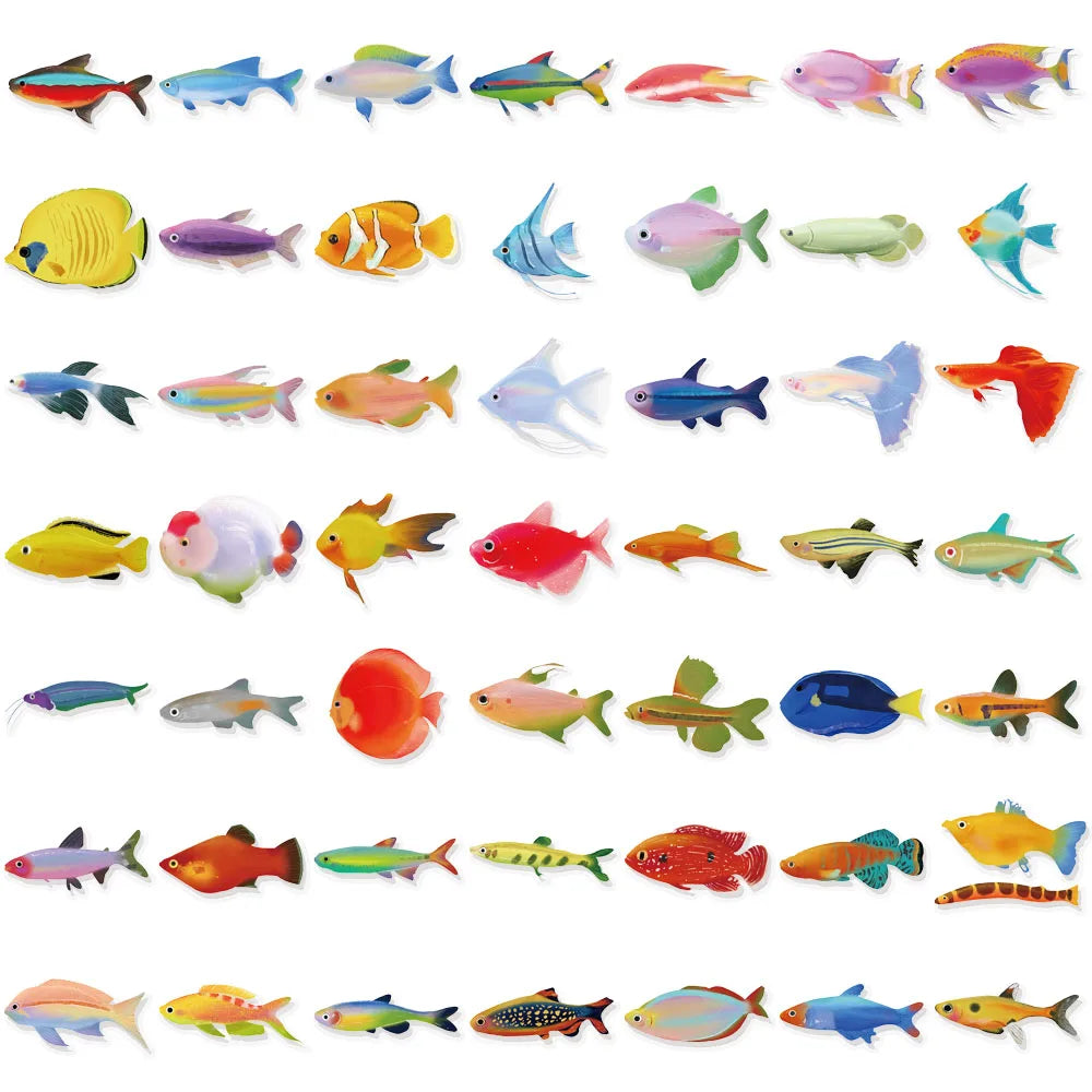 50PCS Cartoon Marine Creatures Fish Transparent Stickers DIY Luggage Laptop Guitar Skateboarding Bicycle Decorative Stickers Toy