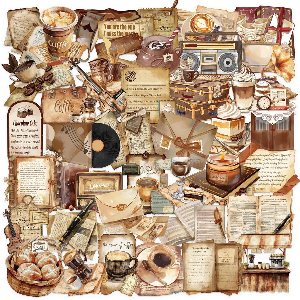 50/100PCS Transparent Retro Cafe Sticker Pack Waterproof Transparent PET Decorative Guitar Notebook Stationery Stickers