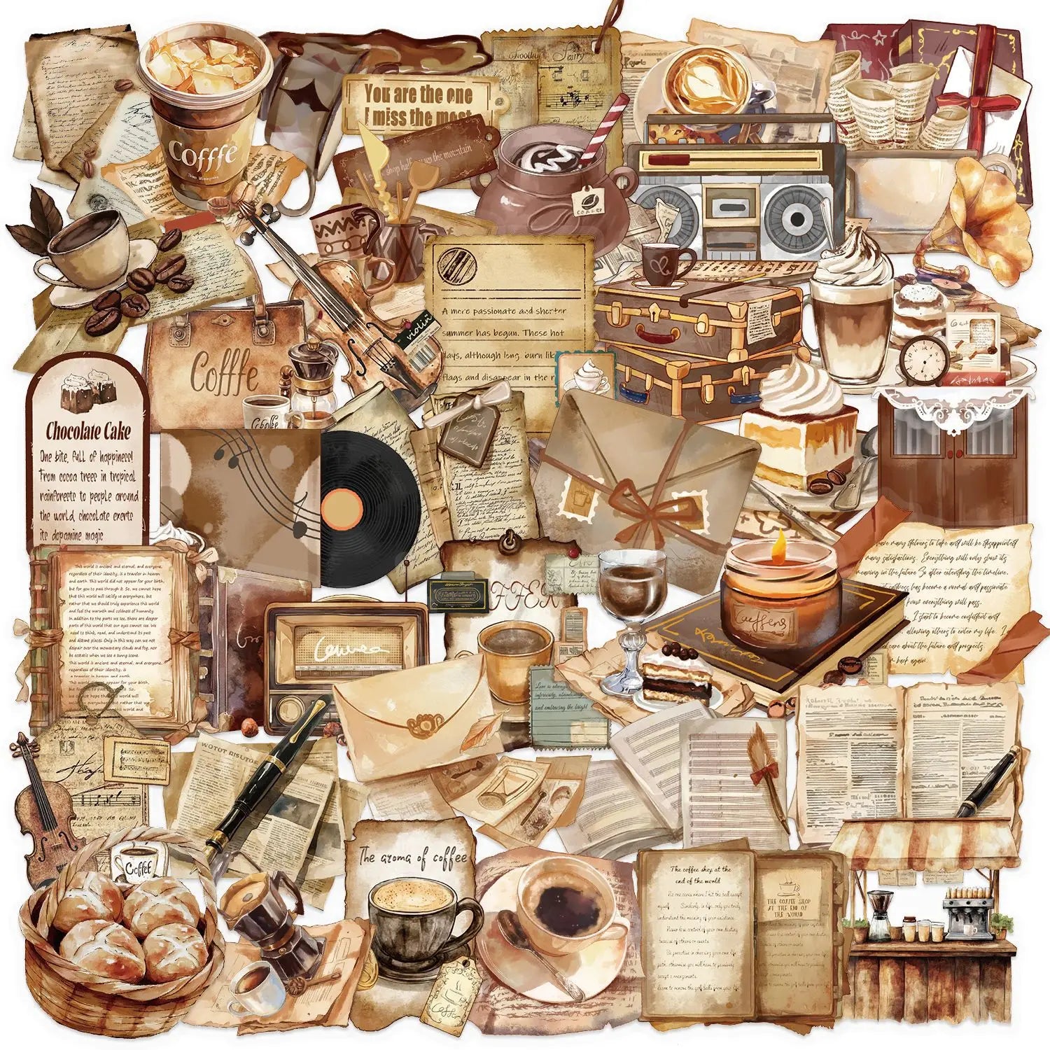 50/100PCS Transparent Retro Cafe Sticker Pack Waterproof Transparent PET Decorative Guitar Notebook Stationery Stickers