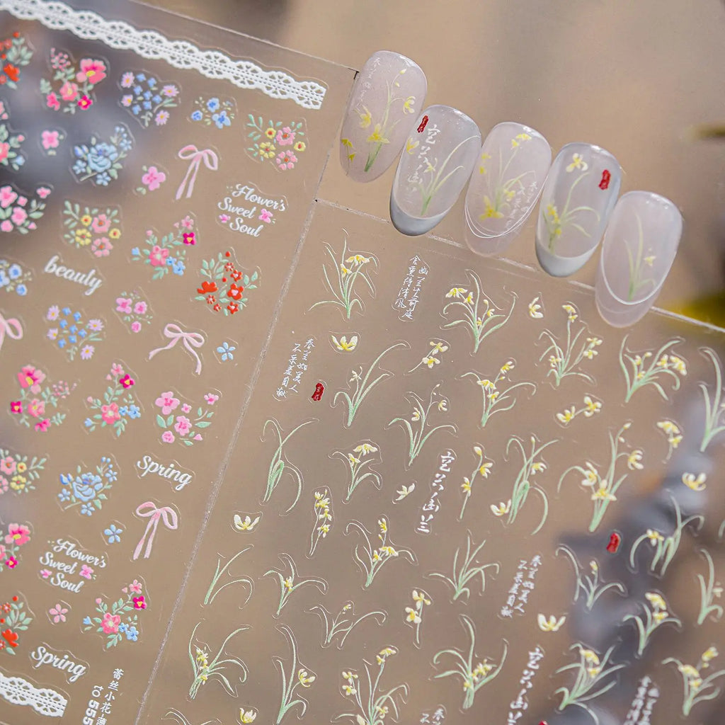 Spring and Summer Lace Flower Theme Nail Stickers Hollow Lotus Leaves Blooming Flowers Self Adhesive Nails 3D Decorations Decals