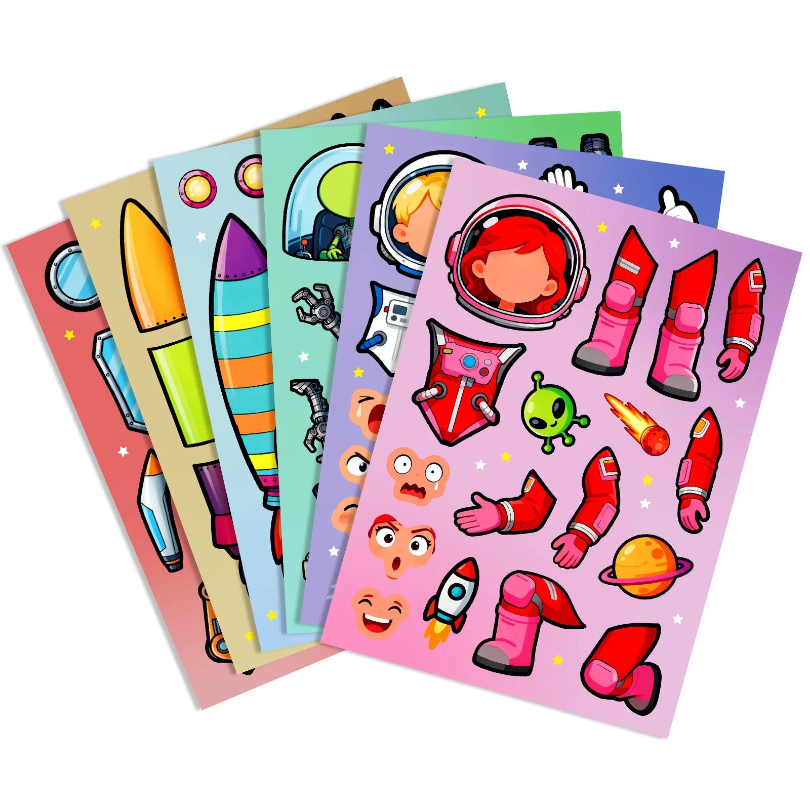 6/12/18PCS Colorful Space Exploration Puzzle Face Changing Sticker Cartoon Rocket Astronaut Hands on Sticker
