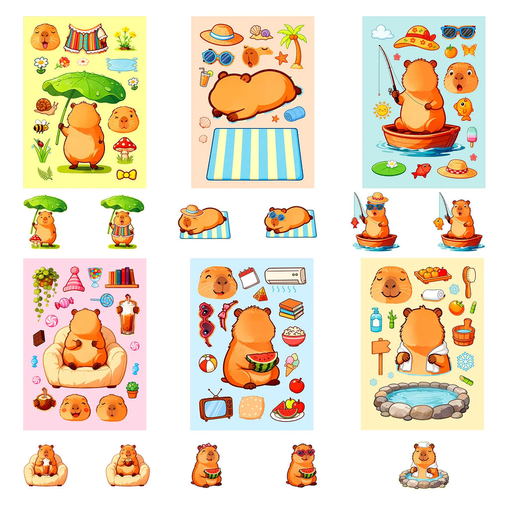 6/12/18Pcs Cartoon Capybara Make A Face Puzzle Stickers, Kids DIY Fun Stationery Notebook Cabinet Fridge Luggage Decor Sticker