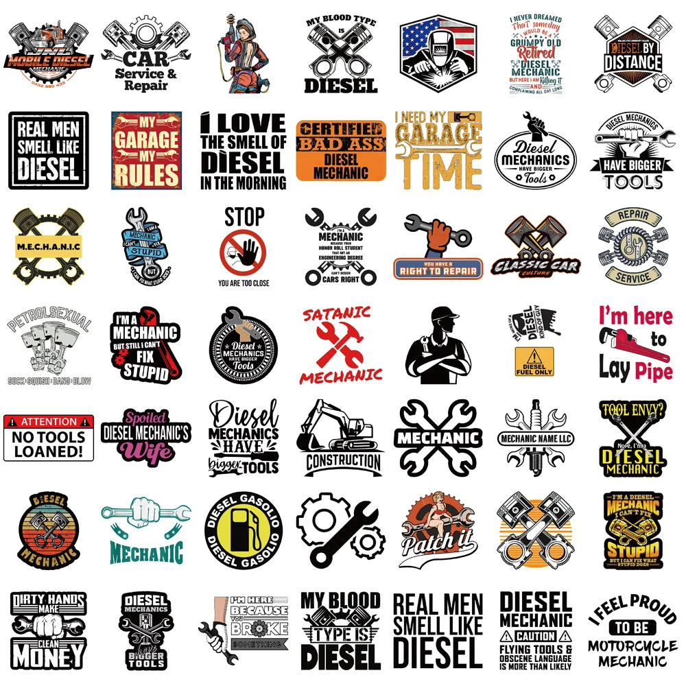 50PCS Diesel Mechanic Stickers Photocard Gift Art Picture Cartoon Laptop Luggage Skateboard Community Decoration Reward Sticker