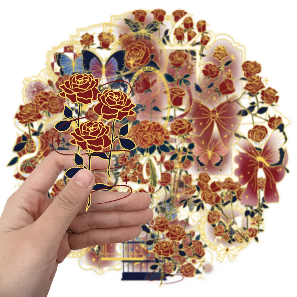 50PCS Retro Rose Gift Decorative Stickers, Computer Scrapbook, Refrigerator, Phone Case, Toy Decoration, Hot Stamping Stickers