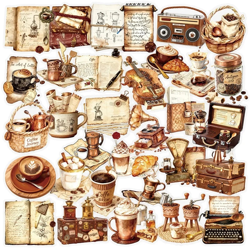 56PCS Vintage Coffee PET Phone Sticker Aesthetic Tear Open Decoration DIY Colored Laptop Luggage Graffiti Decals