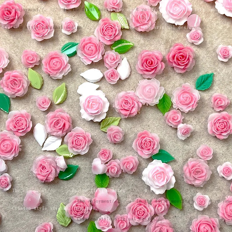 Peach-pink Flower Nail Art Accessories Luminous Camellia Red Leafs Resin Nail Charms Jewelry DIY Mixed Size Nails 3D Decorations