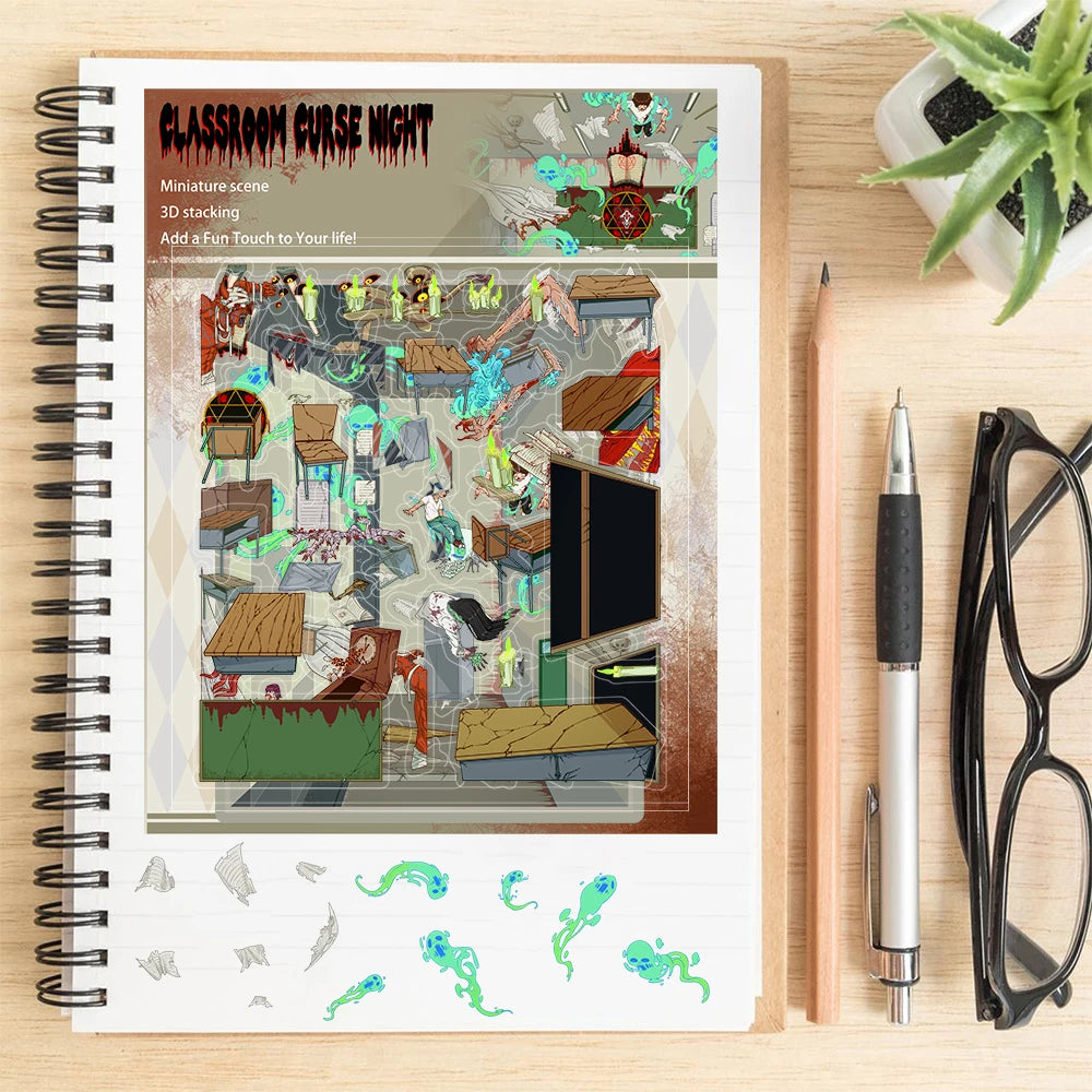 3PCS Classroom Curse Night Landscaping Miniature Scene 3D Sticker Nostalgia Harajuku Skateboarding Bicycle Coffee Stickers