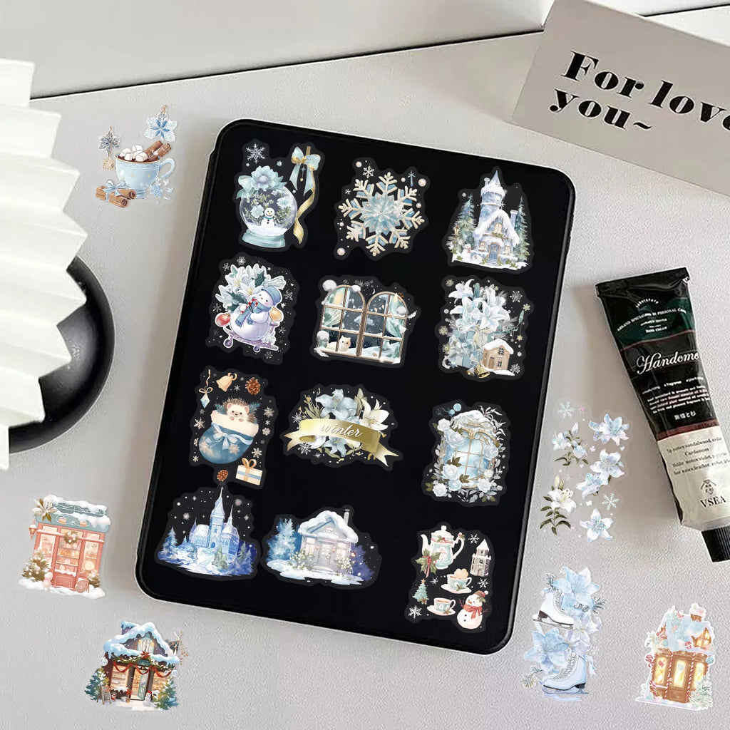 50/100 PCS Cartoon Winter Watercolor Stationery Reward Sticker Pack Waterproof Transparent PET Decorative Guitar Notebook