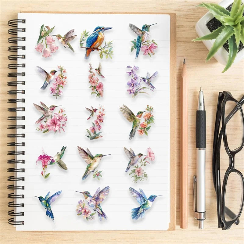 50PCS Cartoon Hummingbird PET Sticky Sticker Aesthetic Korean Stationery DIY Decoration Scrapbooking School Supplies for Kids