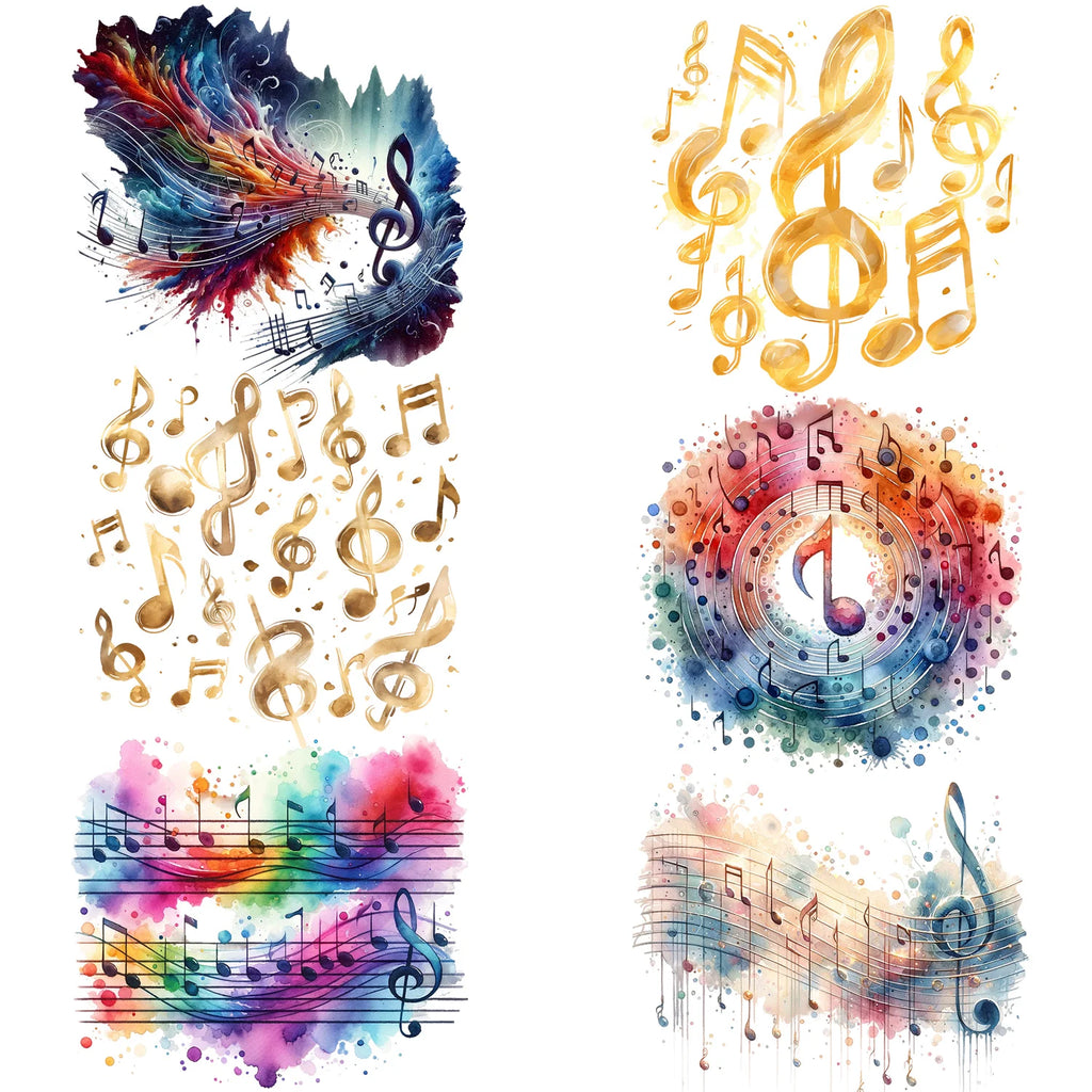 6  sheets Musical Note Theme Iron-On Decals T-Shirt Heat Transfers Suitable for DIY, Music, T-Shirts, Masks, Jeans, Backpacks