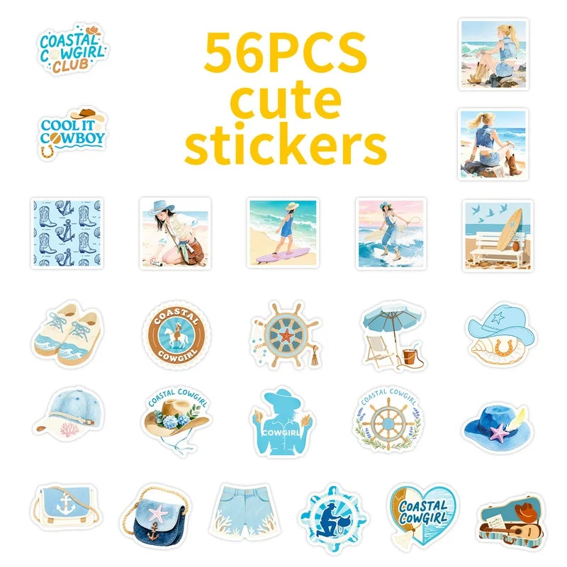 10/30/56PCS Kawaii Blue Seaside Life PVC Sticky Stickers Aesthetic DIY Colored Phone Laptop Luggage Skateboard Graffiti Decals