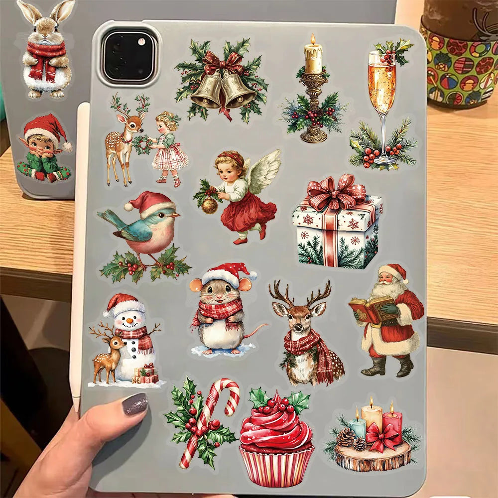 50PCS Retro Christmas Fun Stickers Set Waterproof Transparent PET Booklet Decorative Laptop Tablet Waterproof Stickers