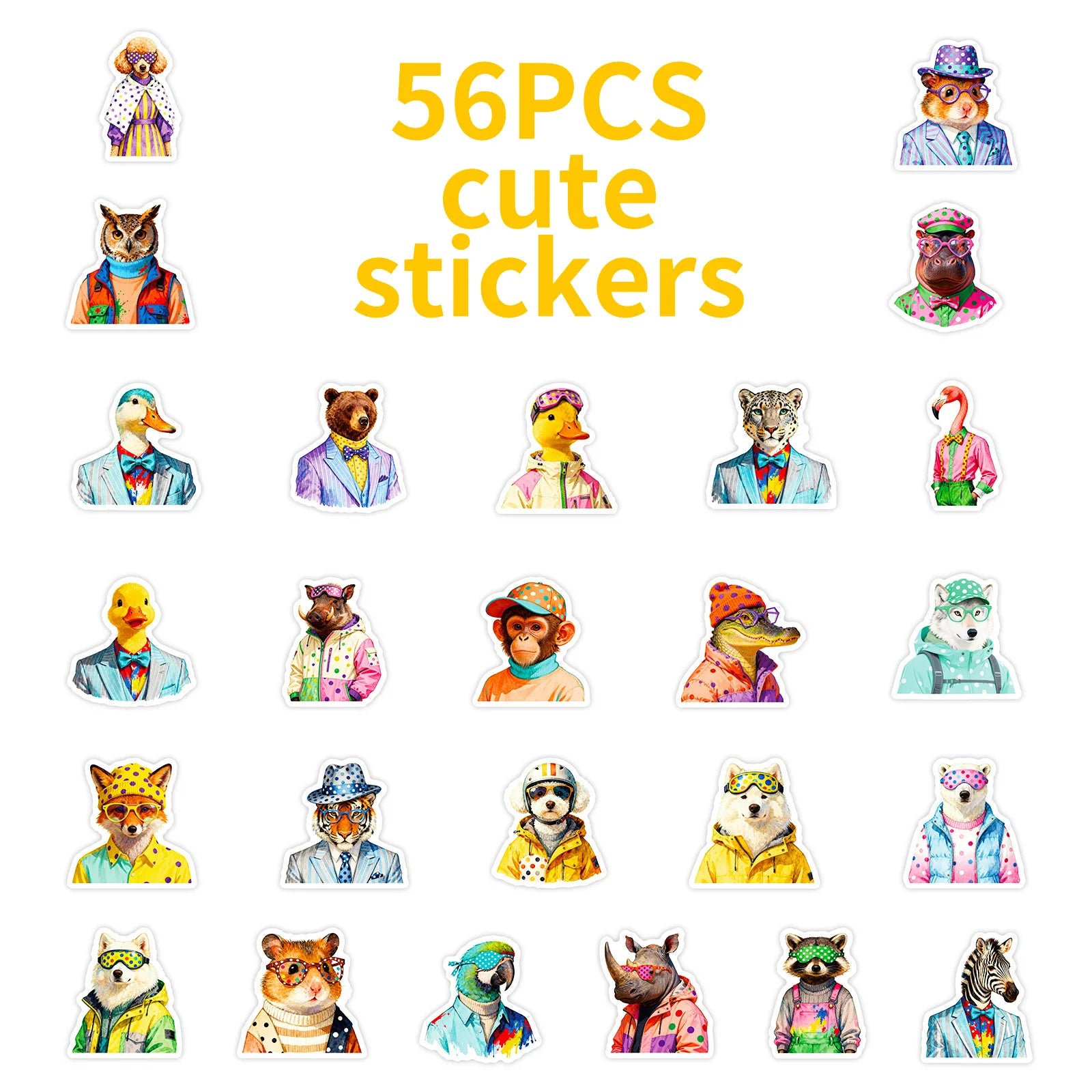 56/112 Pcs Trendy Animal in Doodles Stickers for Stationery Box Phone Laptop Skateboard Helmet Waterproof Stikers