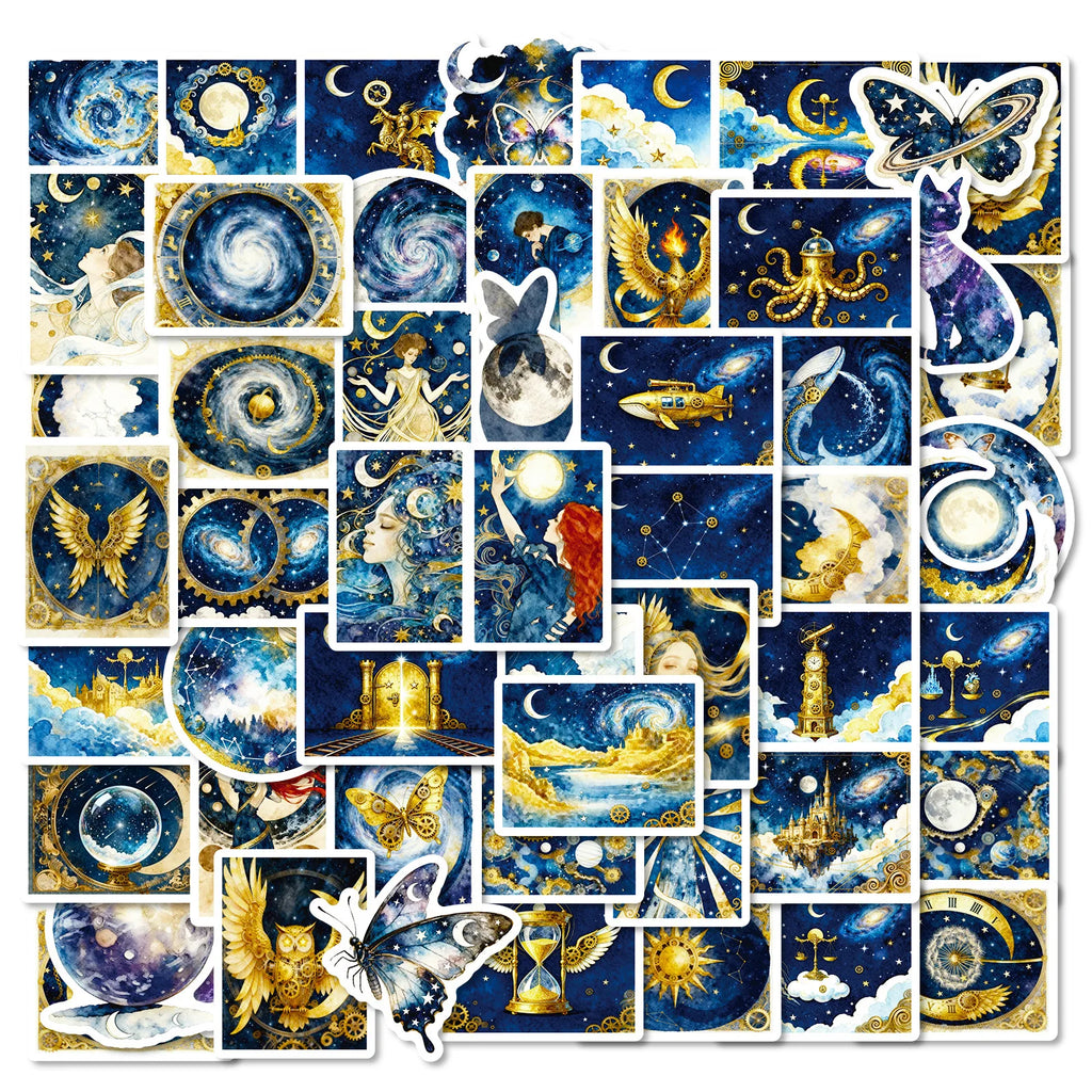 56PCS Dreamy Galaxy Blue Gold Stickers, Phone Tablet Student Stationery Creative Fantasy Decorative Waterproof Art Sticker
