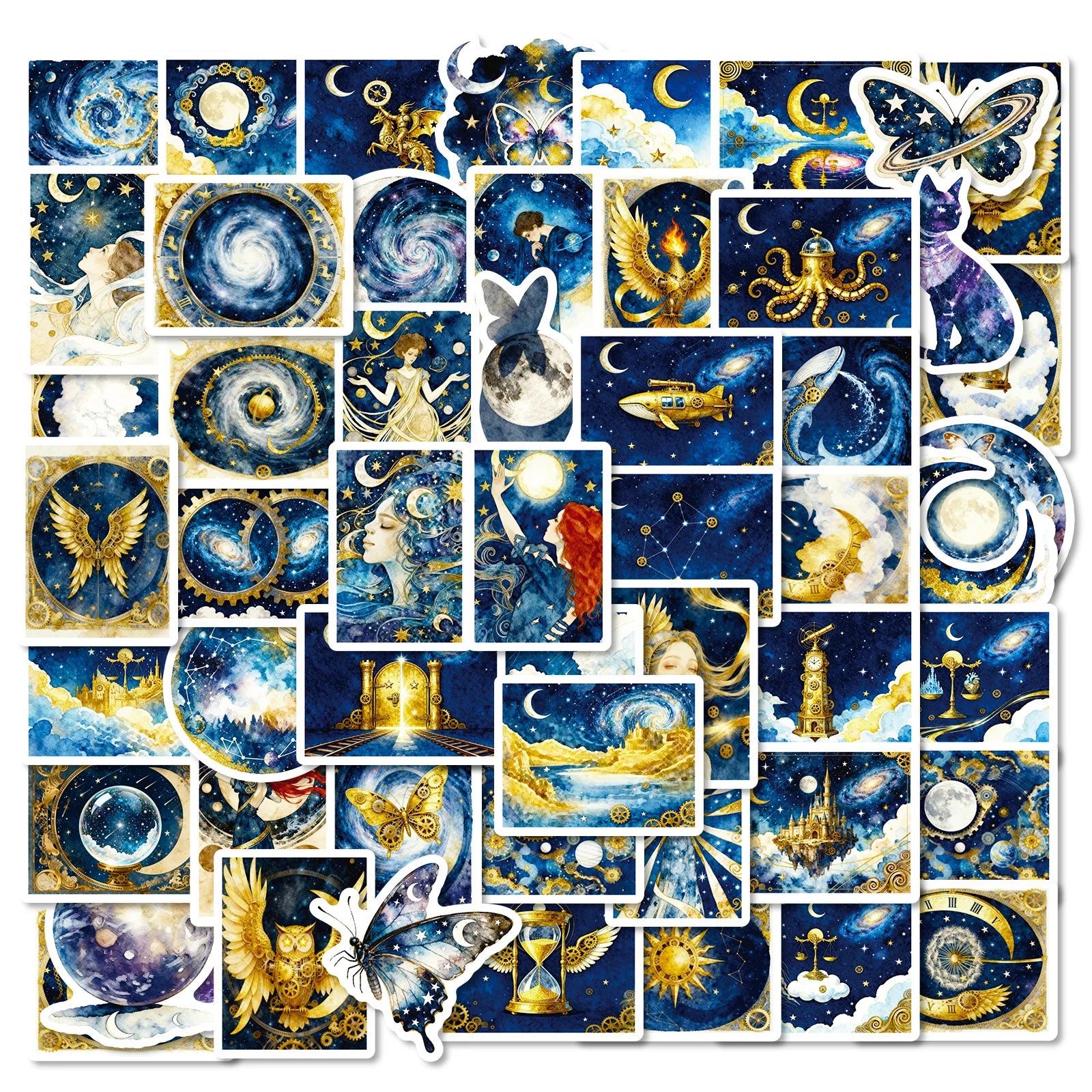 56PCS Dreamy Galaxy Blue Gold Stickers, Phone Tablet Student Stationery Creative Fantasy Decorative Waterproof Art Sticker