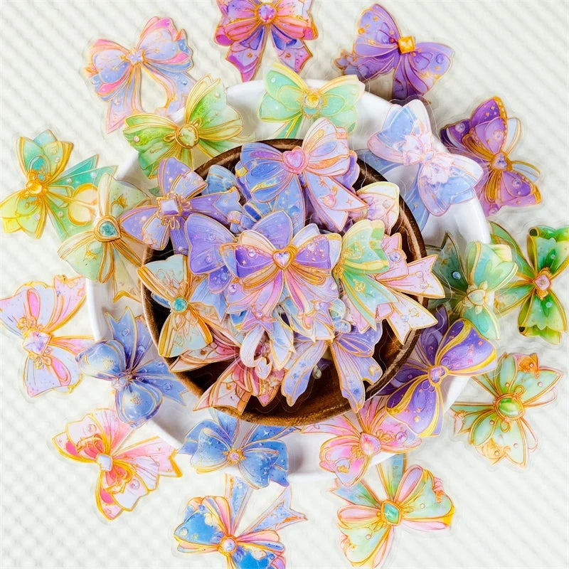 56PCS Kawaii Dreamy Bow PET Sticky Sticker Aesthetic Tear Open DIY Decoration Scrapbooking Sketchbook Supplies for Kids