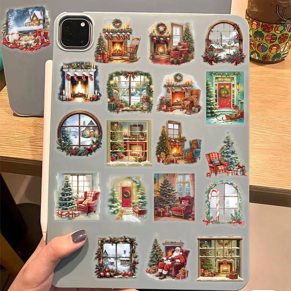 50PCS Christmas Watercolor Scene Fireplace Stickers Set Fun Stickers DIY Brochure Decorative Notebook Tablet Toy Stickers