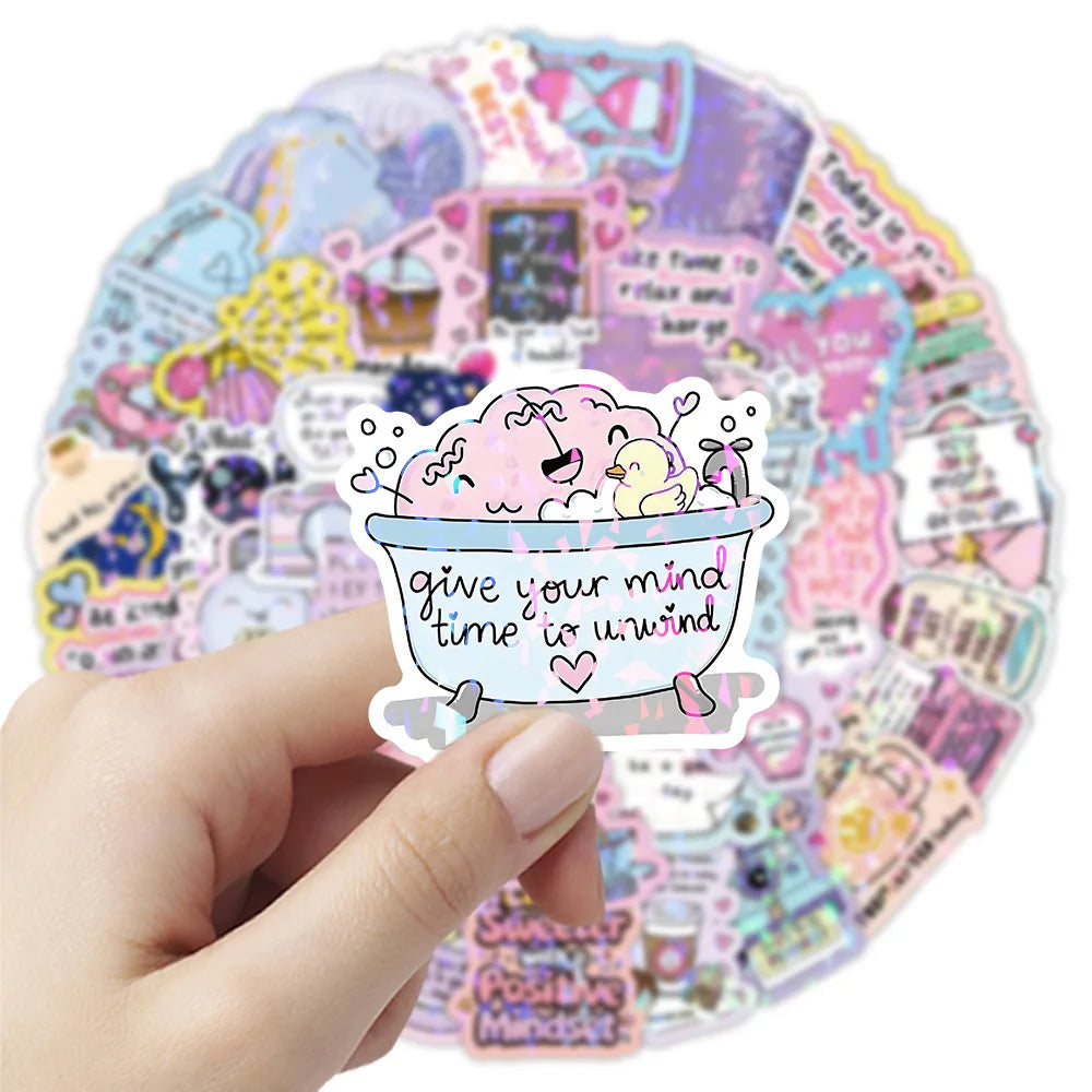 50-Pack Shiny Film Cartoon Motivational Quote Stickers for Student Supplies Notebook Luggage Fridge Car Waterproof Decals