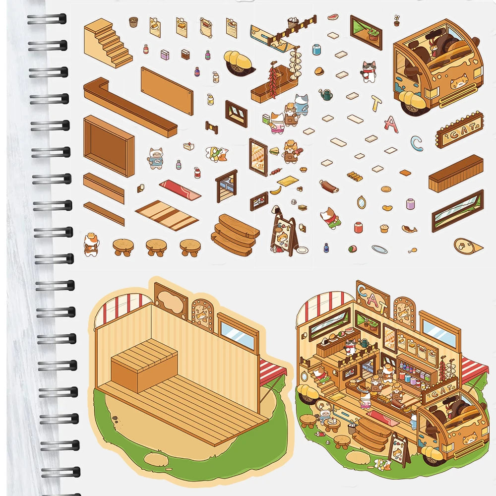 2PCS Cat Meal Bar Landscape Landscaping DIY Scene Stickers Art Picture Scrapbook Cafe Living Room Personalized Nostalgia Sticker