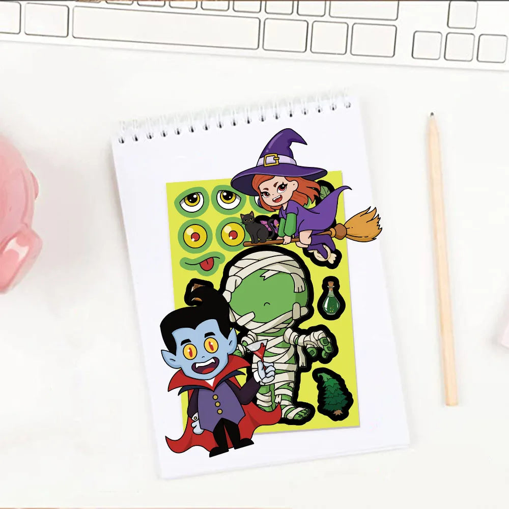 8PCS Halloween Face Changing Fun Ghost Graffiti Sticker Toys DIY Manual Luggage Motorcycle Laptop Luggage Stickers