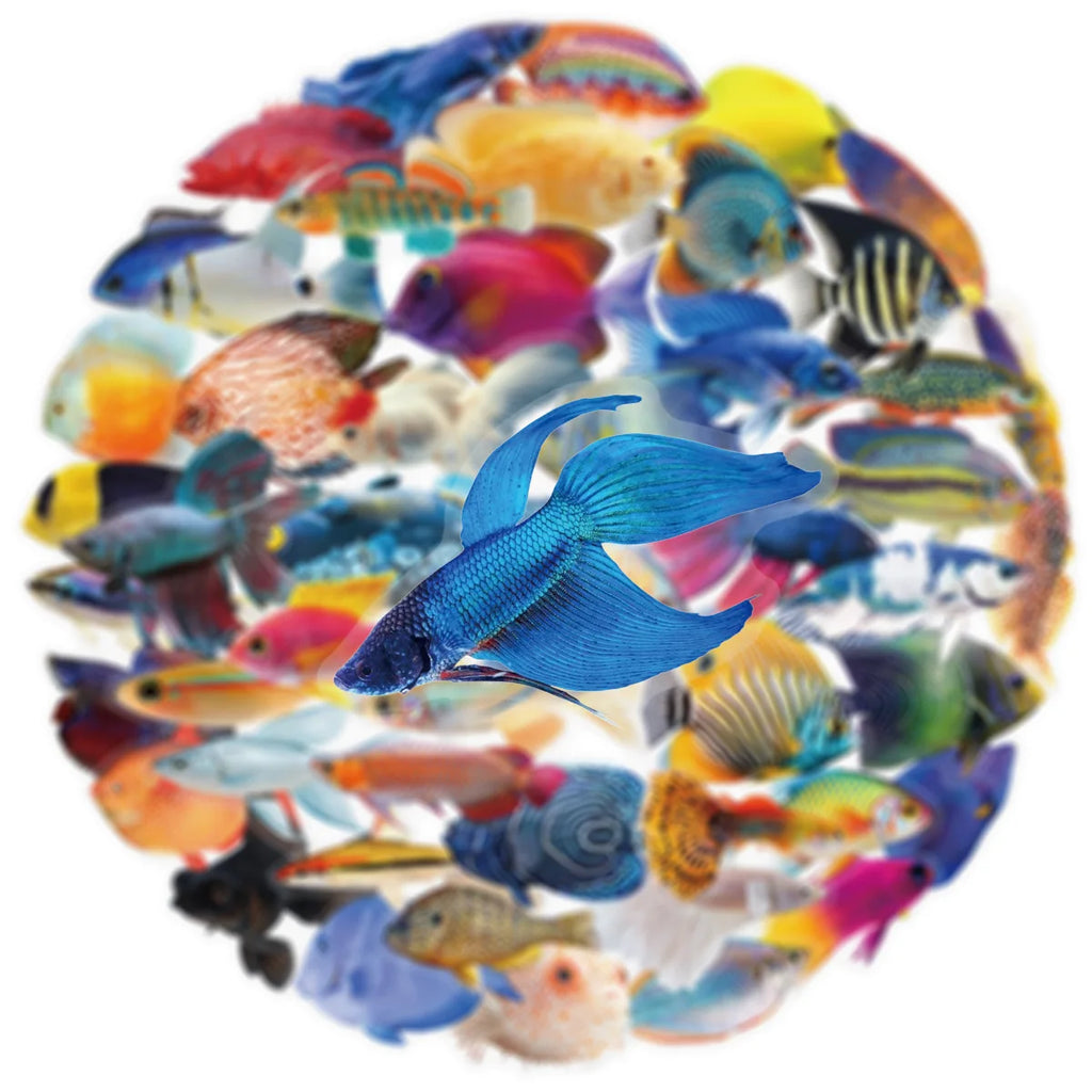 50PCS Transparent PET Fish Stickers Phone Luggage Water Cups Computer Office Stationery Decoration Waterproof Stickers