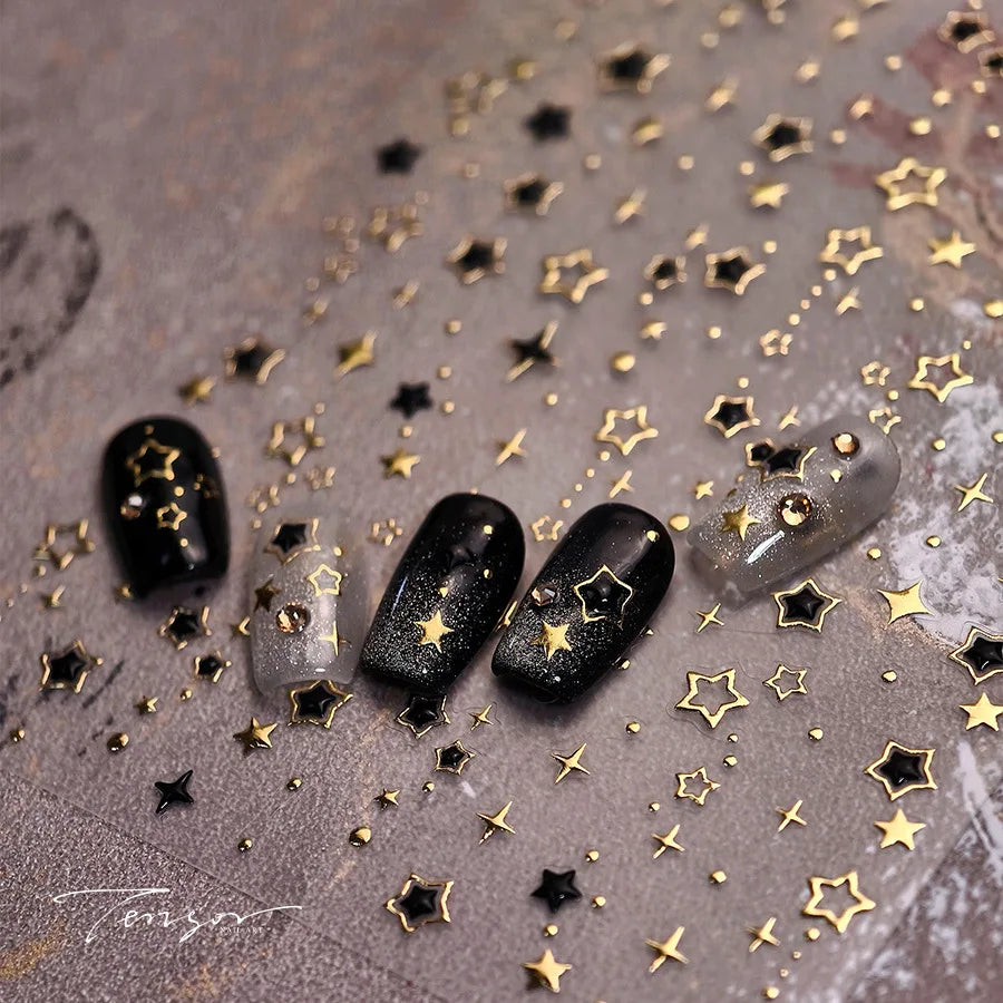 5D Luxury Star Nail Stickers Shiny Stars Black Silver Nail Decals Gilding Hollow Out Five-Pointed Nail Art Design Decorat Slider