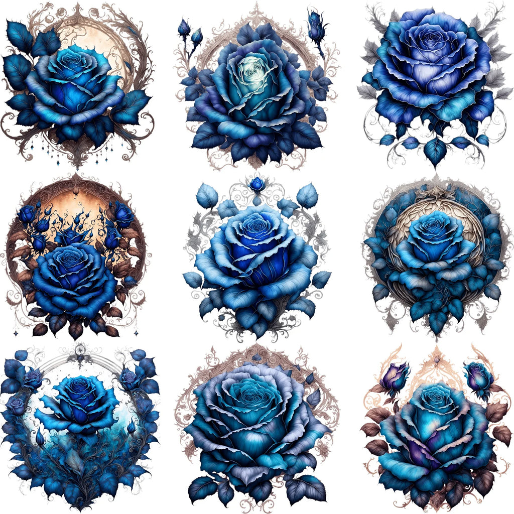 9 Sheets 4 Inch Blue Rose DIY Theme Iron-On Applique Patches Floral Theme Heat Transfer DIY Clothing, T-shirts, Masks, Jeans