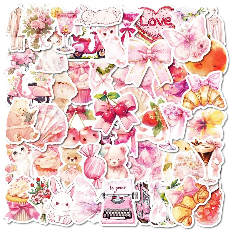 10/30/50PCS Kawaii Pink Sweet Sticky PVC Sticker Aesthetic Children's Stationery DIY Decoration Scrapbooking School Supplies
