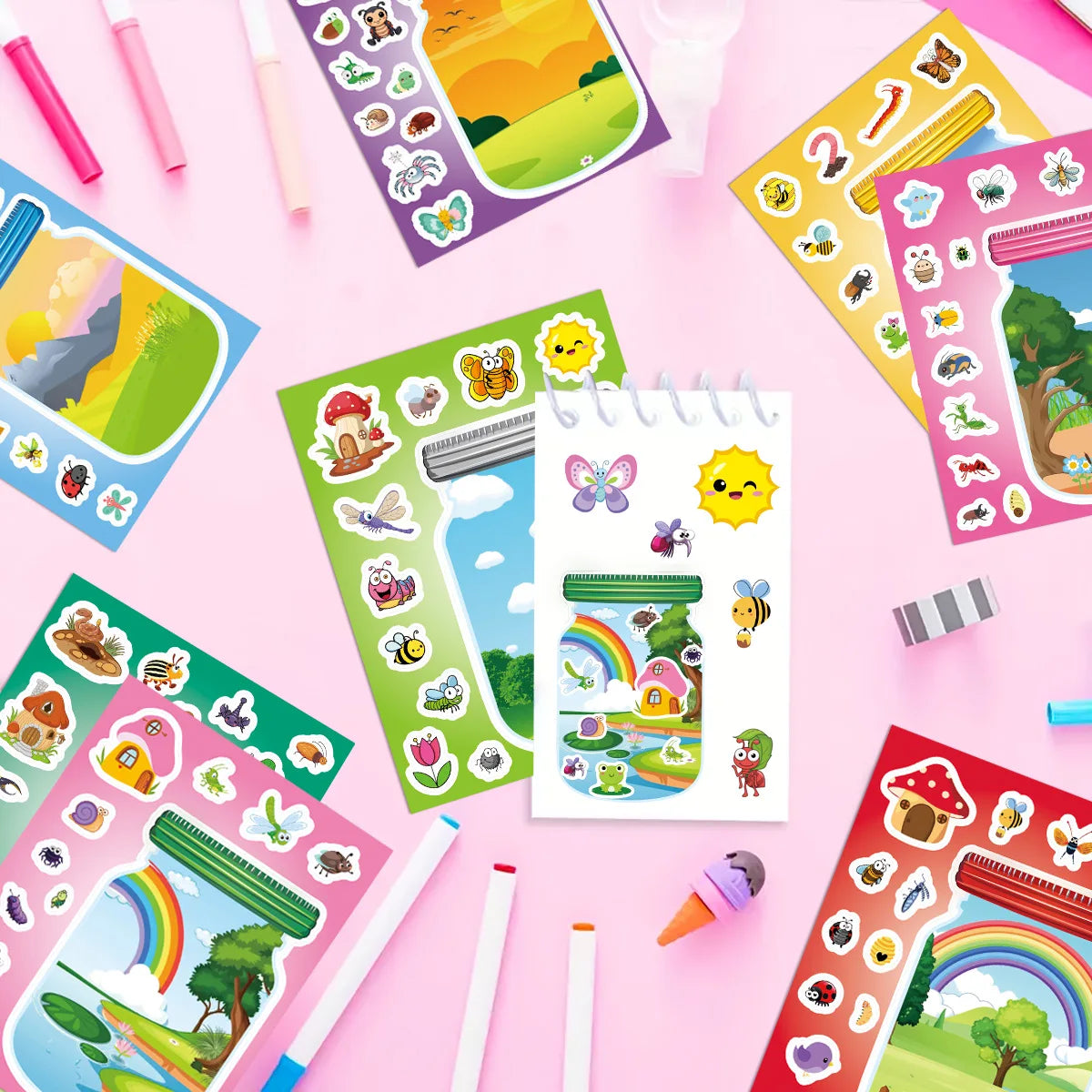 8/16/24Pcs Cartoon Outdoor Bottled World Puzzle Stickers, DIY Fun Decals for Stationery Notebook Diary Fridge Storage Box