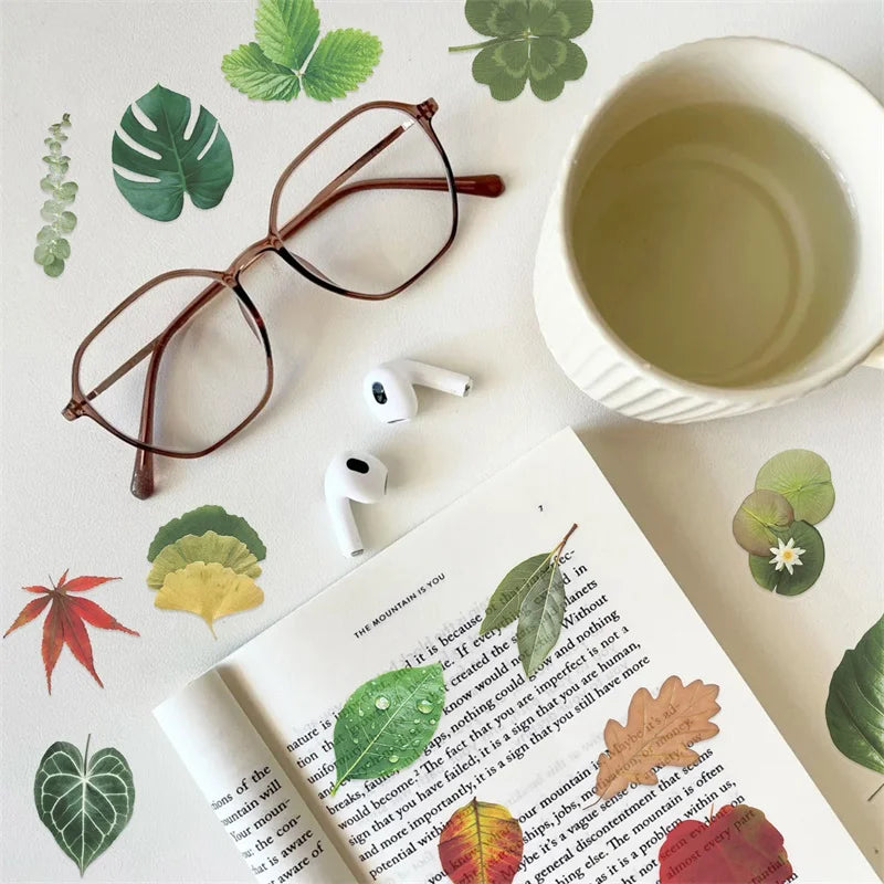 50PCS Cartoon Leaf Colored PET Sticky Sticker Aesthetic Tear Open Decoration Scrapbooking School Stationery Supplies for Kids