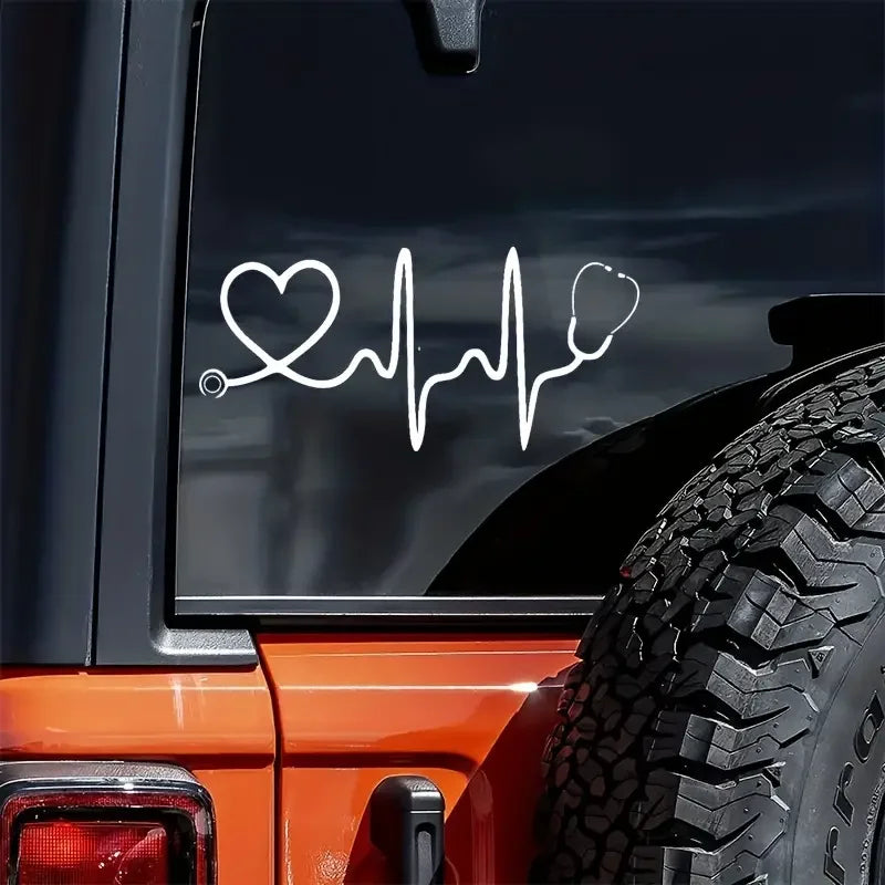 8-inch Engraved Cutout White Reflective Decal With Large Stethoscope Heart Vinyl Decal For Car Bumpers, Trucks, Vans, Laptops Or