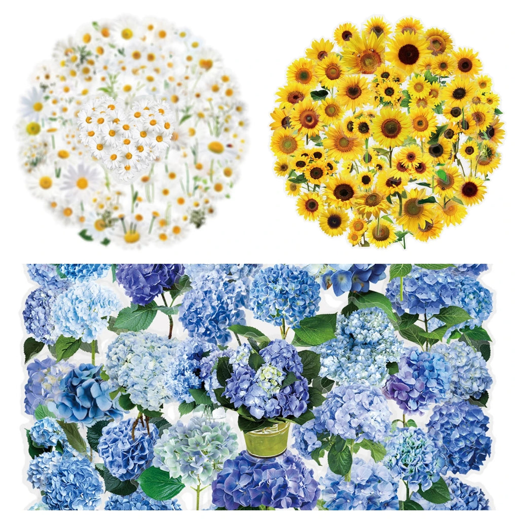150PCS MIX Hydrangea & Sunflower & Daisy Graffiti Stickers Small Fresh Flowers Plant Decor Stationery Notebook Plastic Sticker