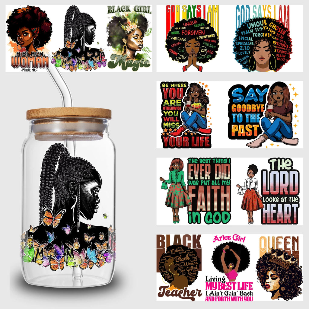 5 Sheets Queen UV DTF Cup Stickers, DTF Friction Transfer Stickers, Waterproof Black Girl Transfer Stickers